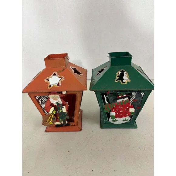 Set of 2 Vintage Christmas Metal Lanterns Santa Snowman Holiday Decor - Picture 4 of 7
